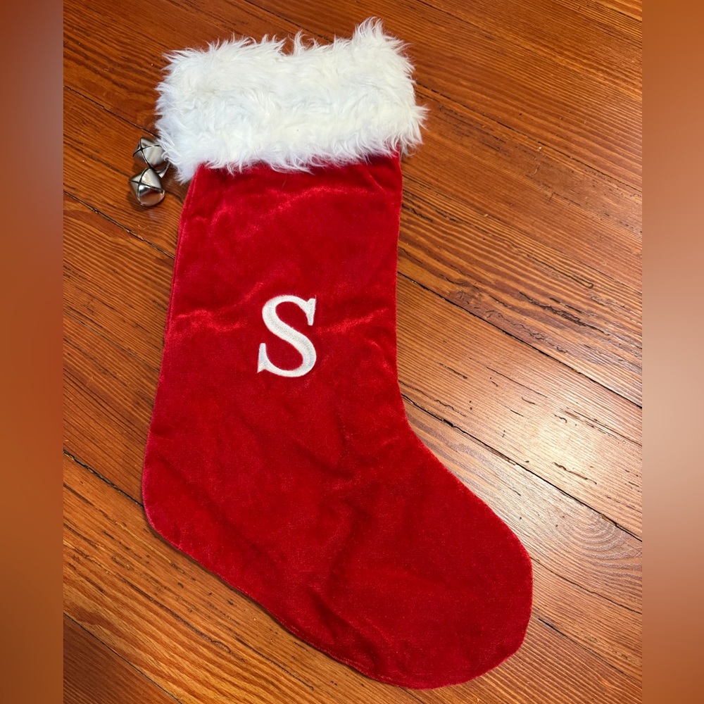 Monogrammed Red Velvet Christmas Stocking with bell on White Cuff - Letter S